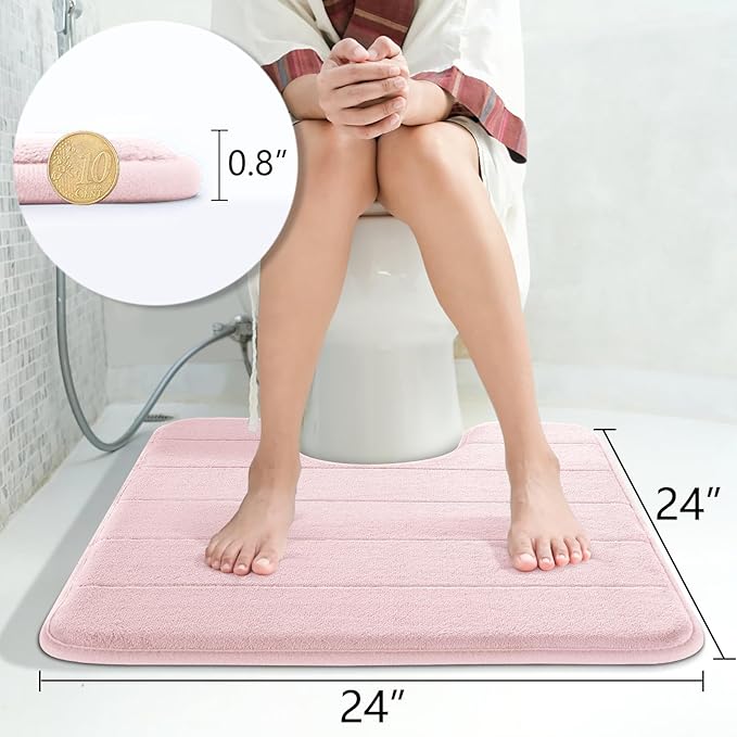 Yimobra Memory Foam Toilet Bath Mat U-Shaped, Soft and Comfortable, Super Water Absorption, Non-Slip, Thick, Machine Wash and Easier to Dry for Bathroom Commode Contour Rug, 24 X 24 Inches, Pink