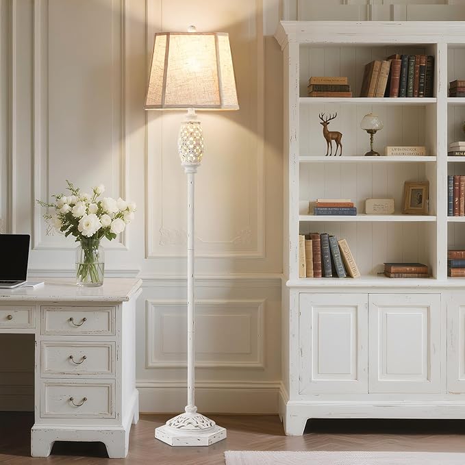 Luvkczc Rustic Floor Lamp with Floral Cutouts & Light, Vintage Farmhouse Style Standing Lamp Resin Floor Lamps for Living Room, Bedroom,Study (Bulb Included)