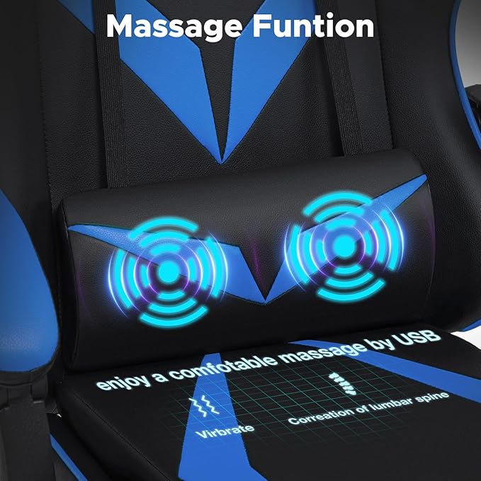 HOFFREE Massage Gaming Chair for Kids Computer Gamer Chair with Footrest and Lumbar Support Reclining PC Game Chair with Headrest for Gaming Room Blue and Black