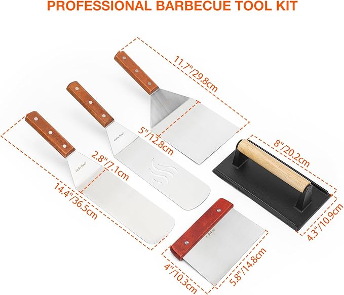 onlyfire Professional Barbecue Tool Kit Grill Griddle Tools Flat Top Griddle Accessories for Camping, Outdoor Hibachi, Backyard-Set of 5
