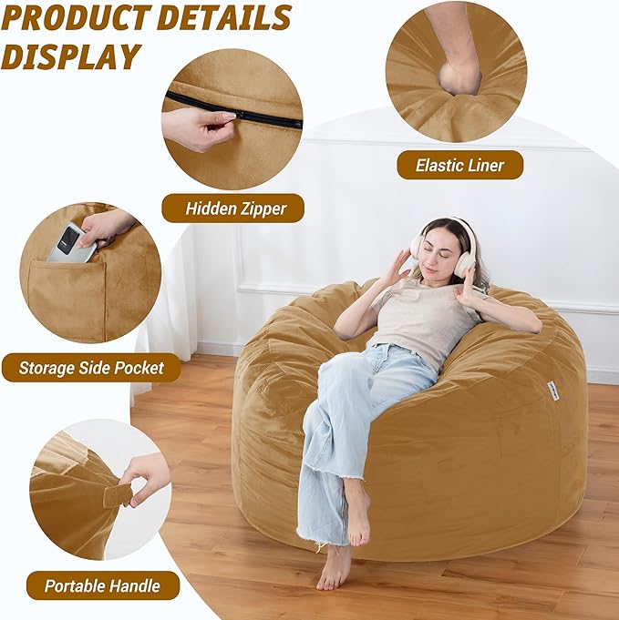 4FT Bean Bag Chair with Ultra Soft Velvet Cover Bean Bag Sofa with Memory Foam Bean Bag Chairs with Large Size Lazy Sofa for Dorm Office Living Room Bedroom Camel 4'