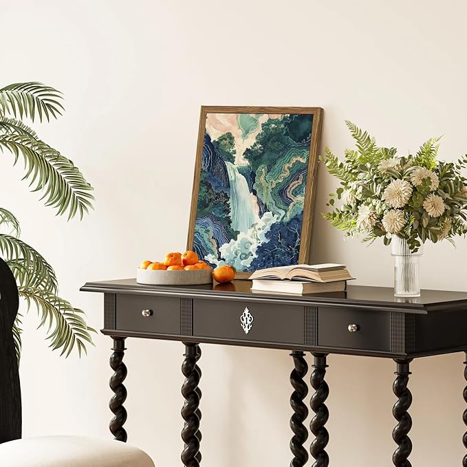 Framed Japanese Waterfall Canvas Wall Art, Abstract Landscape Wall Decor Paintings, Blue Green Nature Mountain Pictures Prints Zen Aesthetics Home Decor for Living Room Bedroom Bathroom 16x24 inch