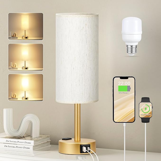 Gold Nightstand Bedroom Lamp - 3 Way Dimmable Bedside Lamp USB C A Charging Ports and AC Outlet, Small Table Lamp Linen Lampshade for Office Desk, LED Bulb Included