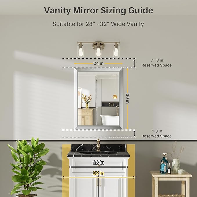 24x30 Inch Silver Bathroom Mirror for Wall, Thick Metal Framed Rectangle Mirrors for Over Sink, Bedroom, Living Room, Entryway, Anti-Rust, HD Tempered Glass