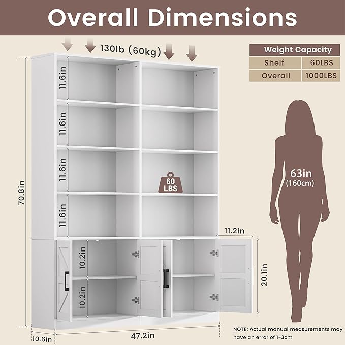 White Bookshelf and Bookcase with 4 Doors, 6 Tier Large Book Shelf with Storage Cabinets, Modern Floor Standing Display Shelves, 71” Tall Book Case for Living Room, Home Office, Library