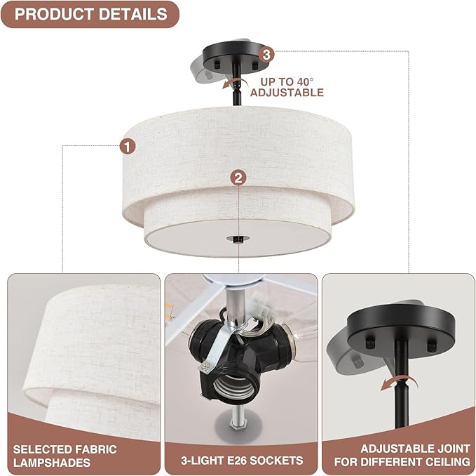 16" Semi Flush Mount Ceiling Light, Black 3 Light Double Drum Fabric Lampshade Lighting Fixture for Living Room, Bedroom, Dining Room, Kitchen, Hallway (Swivel Canopy for Sloped/Flat Ceiling)
