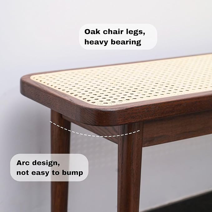 47.2'' Natural Rattan Dining Bench with 100% Solid Oak Wood Bench Frame, Bed End Shoe Ottoman for Kitchen Bedroom Entryway, Walnut