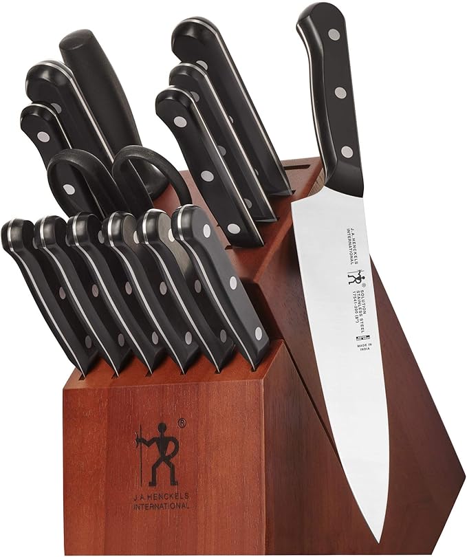 HENCKELS Solution Razor-Sharp 15-pc Knife Set, Chef Knife, Bread Knife, Steak Knife, German Engineered Informed by 100+ Years of Mastery, Black/Stainless Steel