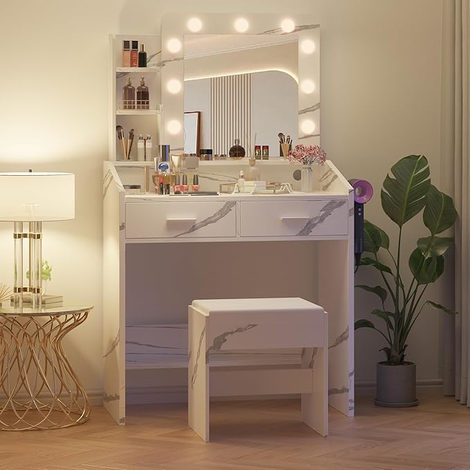 Vanity Desk with Mirror and Lights for Bedroom, Marble White Modern Makeup Table with 2 Drawers, 3 Light Modes & Dimmable LED, Includes Stool