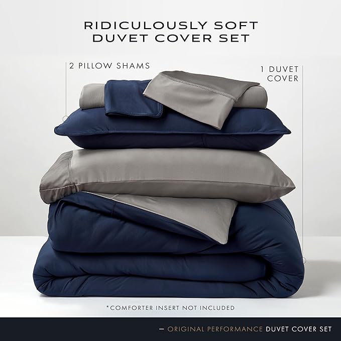 SHEEX Original Performance Cooling Duvet Cover Set, Lightweight King Duvet Cover with 2 King Pillow Shams, Navy/Graphite