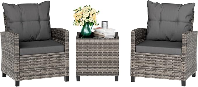Vongrasig 3 Piece Patio Furniture Set Small Outdoor Wicker Rattan Front Porch Bistro Set Cushioned Patio Chairs Conversation Set with Glass Table for Lawn, Garden, Backyard, Balcony, Poolside (Gray)