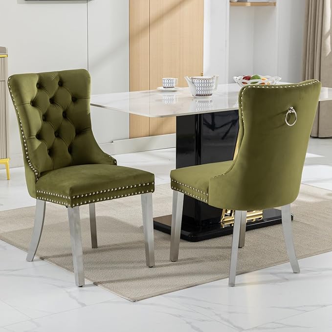 Goujxcy 7 Piece Glass Dining Table Set Modern Glass Dining Table Set for 6, 61" Rectangular Silver Kitchen Table and 6 Velvet Upholstered Chairs, Silver Table & Olive Green Chair