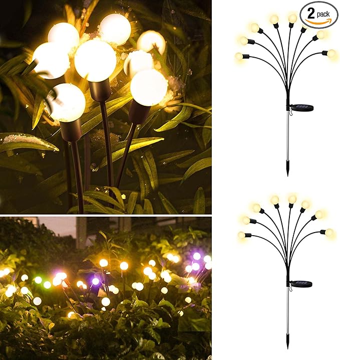 Solar Firefly Lights 2 Pack 16 LED Lights 2 Lighting Modes for Garden, Patio and Yard Solar-Powered LED Lights (Warm White)