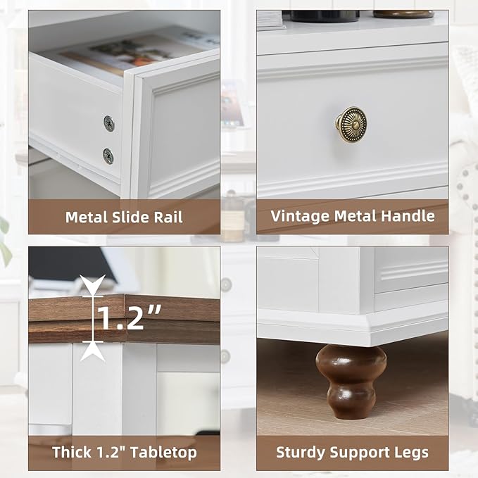 24" Wide Farmhouse Night Stand,Large End Table with 2 Drawers & Metal Handle,Wood Dresser for Bedroom, White Bed Side Table Chest of Drawers Cabinet,Nightstand for Living Room,Closet