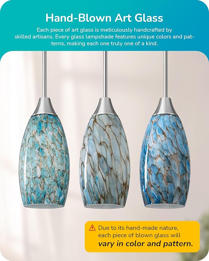 EDISHINE Pendant Light, Hand Blown Hanging Light Fixture, Adjustable Brushed Nickel Rods, Blue Glass Pendant Lighting for Kitchen Island, Sink, Bathroom, Dining Room