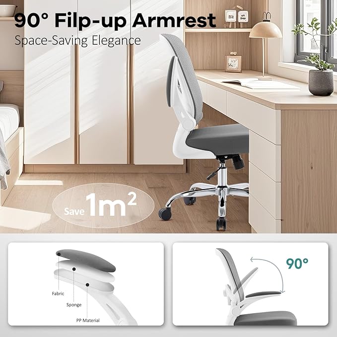 Office Chair,Ergonomic Desk Chair with Adjustable Lumbar Support, Mesh High Back Computer Chair with Flip-up Armrests,Rocking Tilt Rolling Swivel Executive Chair for Home Office Grey