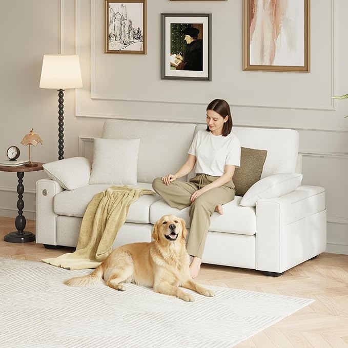 76" Loveseat Sofa, Cloud Foam Couch, 3 Seater Upholstered Midcentury Mondern Love Seat with USB Type C Ports, 4 Pillows and Flip-Open Storage Armrest for Living Room/Small Spaces, Beige