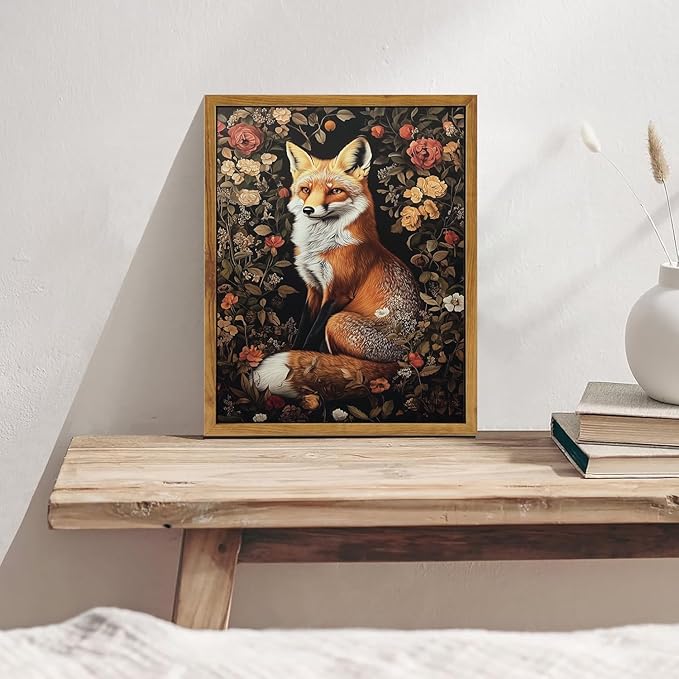 Djmwtb William Morris Framed Wall Art Fox Floral Canvas Wall Art Flower Botanical Art Prints Boho Nature Painting Animal Pictures Wall Decor Artwork for Living Room Bedroom Office 8x10in