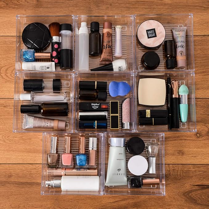 Backerysupply Clear Plastic Drawer Organizer Tray for Vanity Cabinet (6"×6"×2"，Set of 8),Storage Tray for Makeup, Kitchen Utensils, Jewelries, and Gadgets…