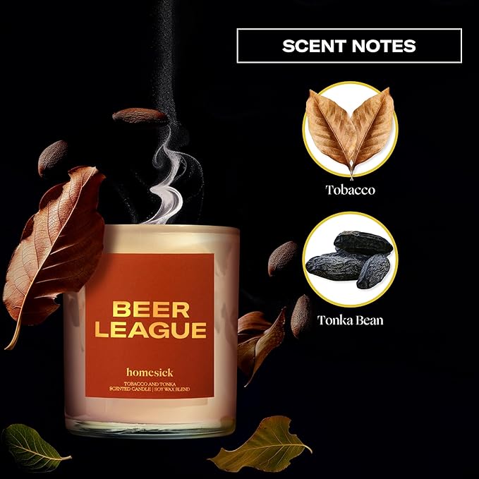 Homesick Scented Candles for Home (Beer League) - 7.5 oz Long-Lasting Natural Soy Wax Blend Jar Candle Gift for Women & Men for All Occasions, 30-35 Hours Burn Time - Notes of Tobacco & Tonka