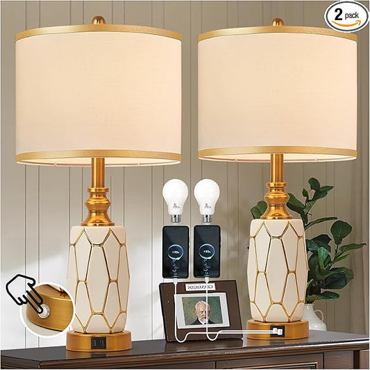 Set of 2 Touch Control Table Lamps for Bedroom Livingroom,Modern Ceramic Table Lamp with USB Ports,Bedside Nightstand Lamp with Fabric Drum Lampshade,Blubs Included (White)