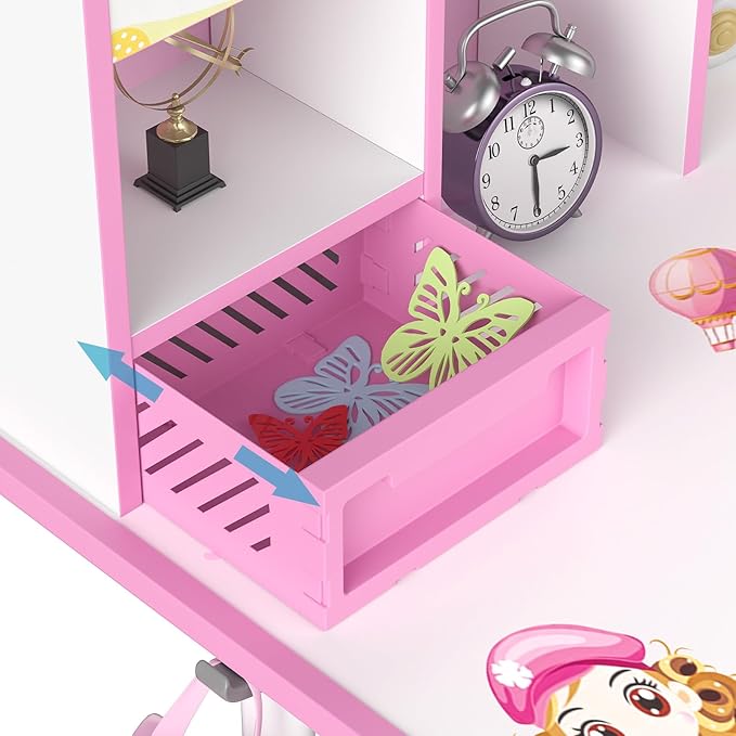 Kids Desk and Chair Set, Height Adjustable Kids Study Table and Chair Set, Children School Desk with Storage Drawer and Book Stand, Ergonomic Child Toddler Deskwith Sitting Posture Corrector (Pink 6)