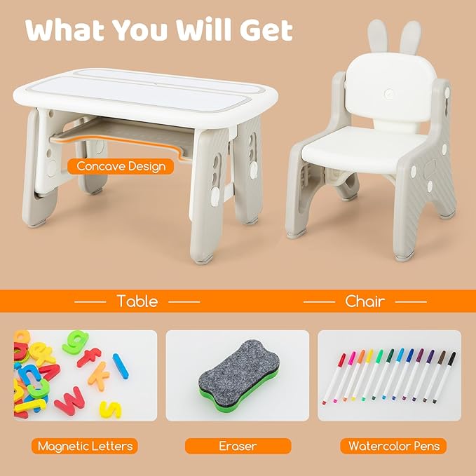 Costzon Kids Table and Chair Set, Graffiti Activity Table w/Flip-Top Tabletop Bookshelf, Erasable Magnetic Drawing Board, Storage, Adjustable Height for Drawing, Toddlers Art Table & Chair (Gray)