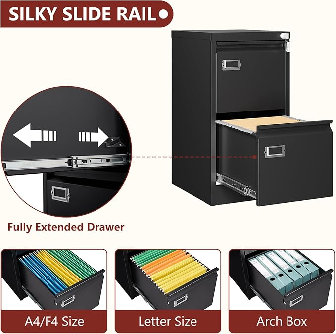 2 Drawer File Cabinet with Lock,Vertical Filing Cabinet for Home Office,Metal File Cabinets with Lock,Storage Files for A4/ Legal/Letter, Require Assembly, (Black)