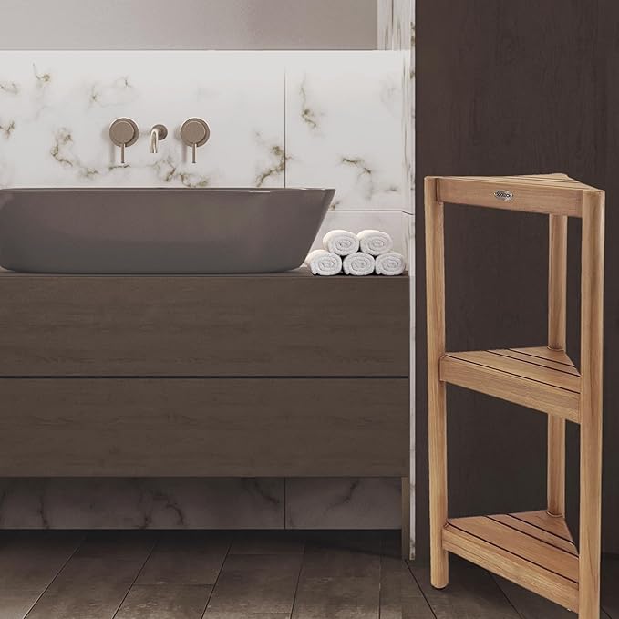 Asta Select Solid Teak Free Standing Corner Shelf, 3-Tier Bathroom Corner Stand, Corner Rack for Bathroom, Kitchen, Living Room, Bedroom, Fully Assembled, ST-80