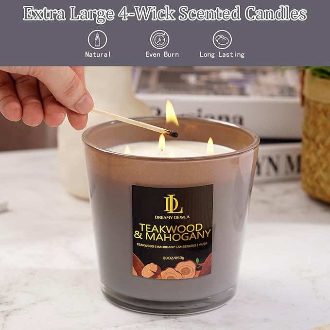 Teakwood & Mahogany Scented Candle, Large 30oz Natural Soy Candles, 4-Wick 80 Hour Burn Time, Home Fragrance Candles Housewarming Gift for Women Men