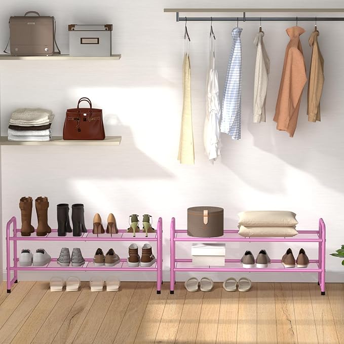 SUFAUY 2-Tier 33" Wide Shoes Rack Shelf for Closet Metal Stackable Shoe Storage Organizer, Wire Grid, Pink