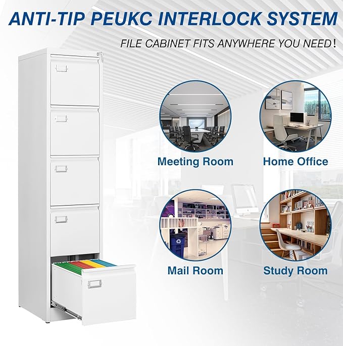 5-Drawer File Cabinet, 16.3" Deep Vertical Metal Filing Cabinet with Lock for Home Office, Anti-Tip 5 Storage Drawers for Letter/Legal/A4/F4 Size (Assemble Required, White)
