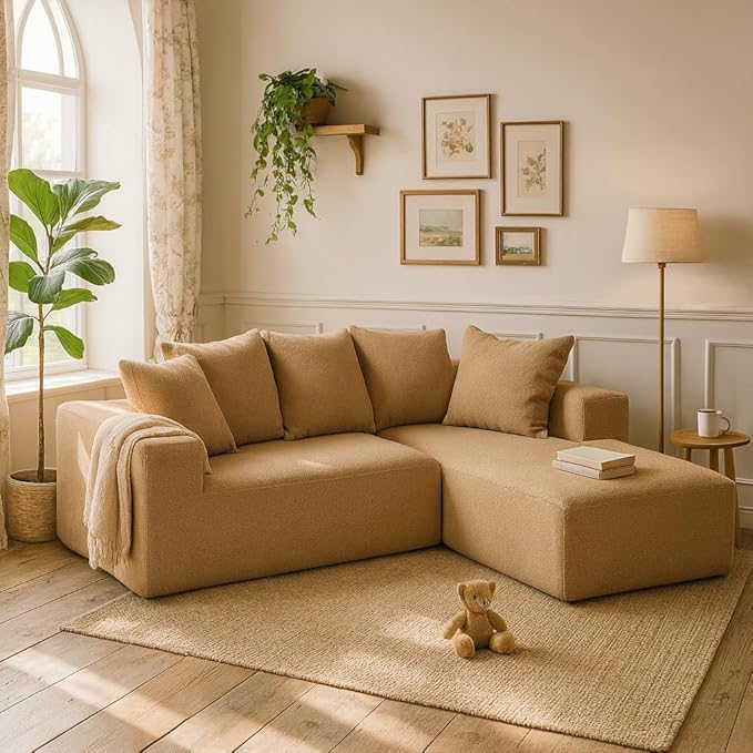 KEIKI L-Shape Cloud Sectional Sofa, 96” Modern Modular Boneless Couch with Left Chaise Lounge, Upholstered Couches for Living Room Bedroom, Brown