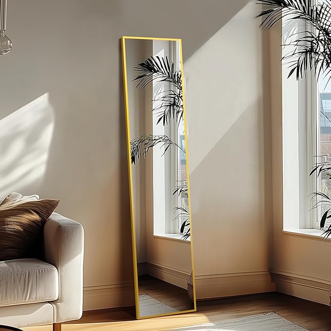 Delma Wall Mirror Full Length Mirror,Standing Mirror Full Body,Large Floor Mirror for Wall Door Bedroom Bathroom Living Room with Aluminium Frame(with Stand,Rect 56x15-Gold)