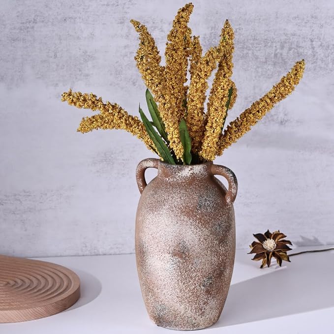 Rustic Farmhouse Ceramic Vase, 9.8" Tall Vintage Pottery Vases, Terracotta Decorative Boho Pampas Flower Vase, Suitable for Home Decor Living Room Entryway Table Bookshelf Mantle Shelf Decor