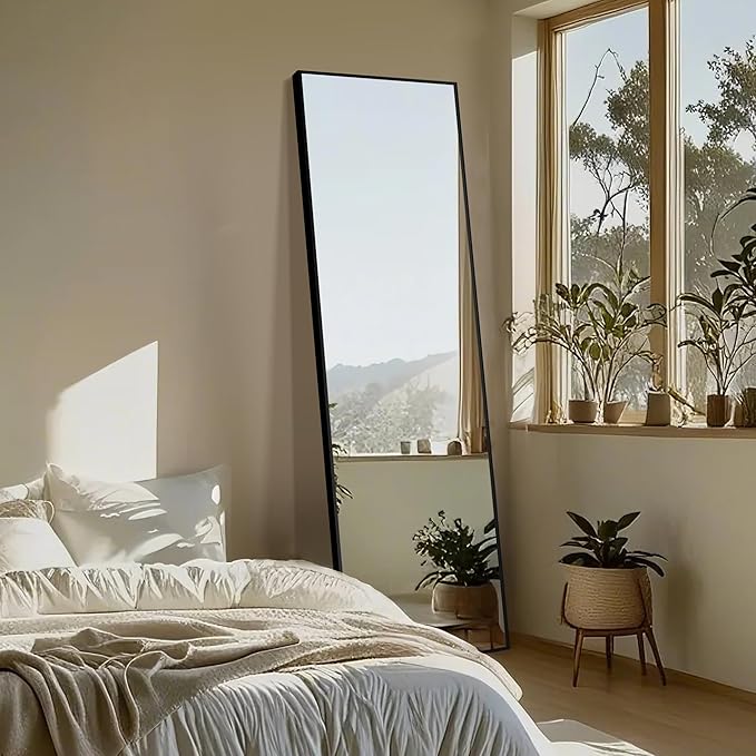 Delma Full Length Standing Mirror,Large Floor Mirror with Aluminum Frame for Bedroom, Bathroom, Living Room,Wall Mount or Freestanding Design(with Stand,Rect 69x24-Black)