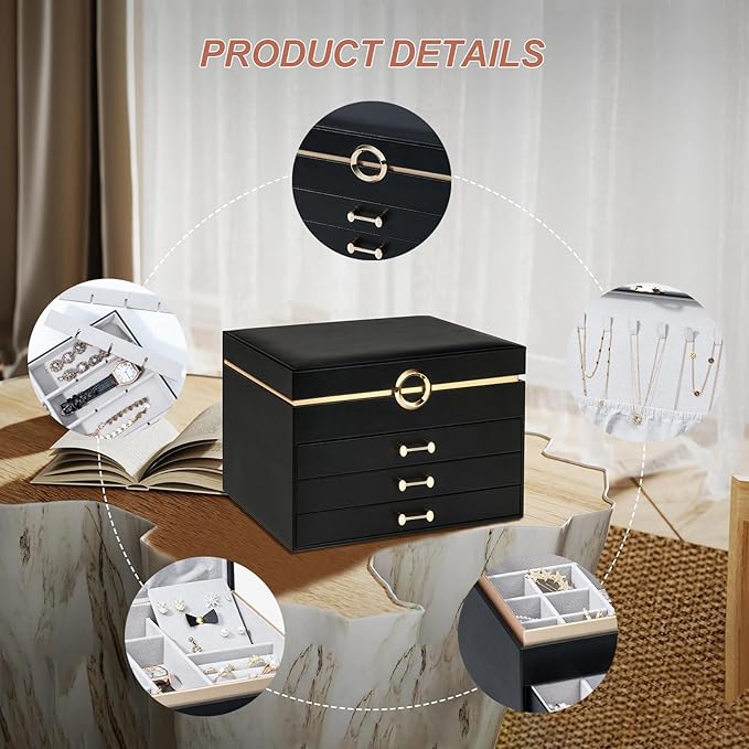 Jewelry Box，4-Layer Large Jewelry Organizers for Women with 3 Drawers,Storage Modern Style Jewelry Boxes Storage of Earrings Rings Bracelets Necklace（Black）