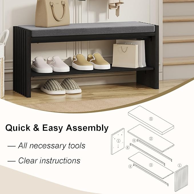 BON AUGURE Storage Bench, Entryway Bench with Shoes Storage, Wooden Benches with Seat Cushion, Shoe Rack Benches for Entry, Entrance, Front Door (Black Oak, 40 Inch Wide)