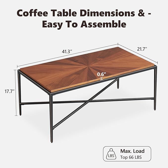 EDYO LIVING Mid Century Modern Coffee Table with Cross Metal Legs, 41.3” Wooden Single Tier Coffee Table, Retro Accent Sofa Center Table for Living Room, Home Office, Brown