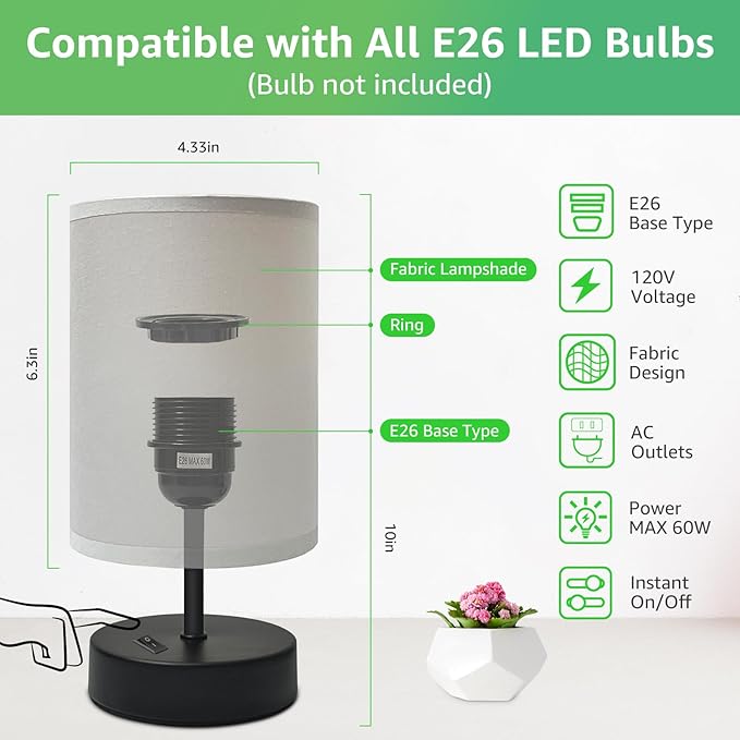 Small Bedside Lamp - Minimalist Table Lamp with Round Gray Fabric Shade - 9 Inch Desk Reading Lamp for Bedroom, Dorm, Living Room, Office - 1 Pack