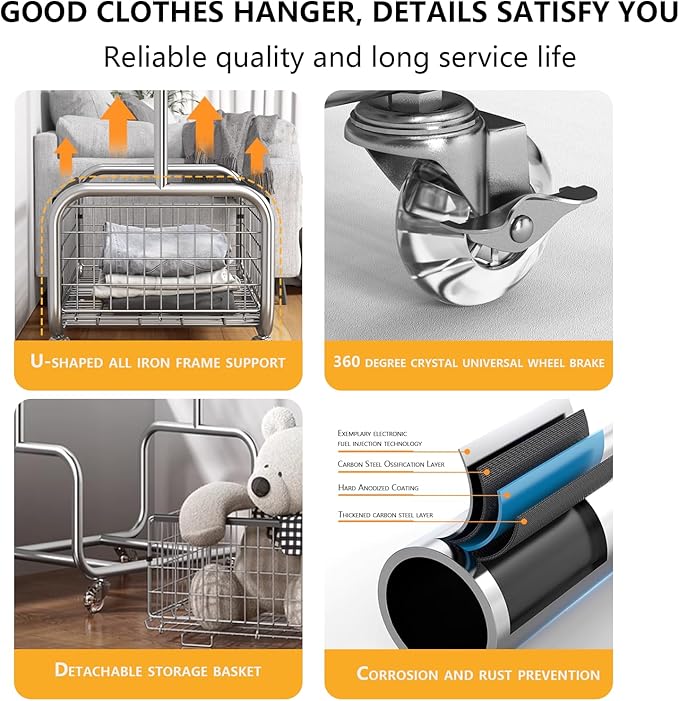 Garment Rack With Storage Baskets,Clothing Rack for Hanging Clothes, Multi-functional Bedroom Clothes Rack with Wheels for Bedroom, Living Room, Easy Assembly (40inch lenght)