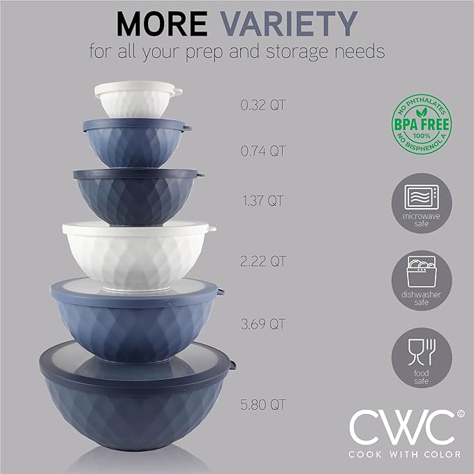 COOK WITH COLOR Mixing Bowls with Lids - 12 Piece Plastic Nesting Bowls Set includes 6 Prep Bowls and 6 Lids, Diamond Design - Microwave Safe (Mint)