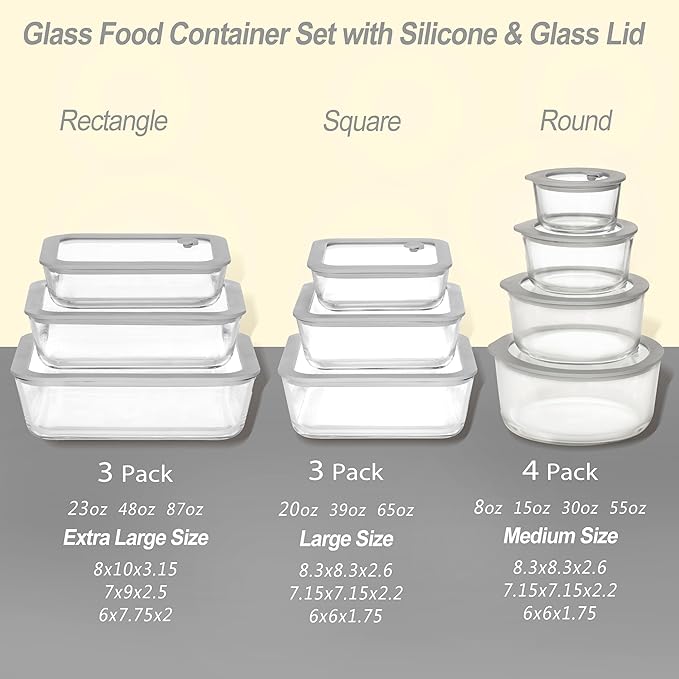 Glass Food Containers with Glass Lid, Microwave Safe Food Storage Container Set, 3 Pack, Square Shape, Food Containers with Lids, Meal Prep containers with Leak Proof Lid.