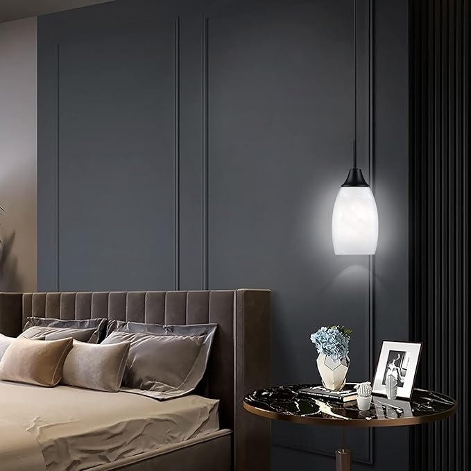 Mini Glass Pendant Light,1-Light Handblown White Oval Art Glass Hanging Pendant Light for Kitchen Island,Dining Room,Living,Foyer,Hallway, Entry Matte Black Metal