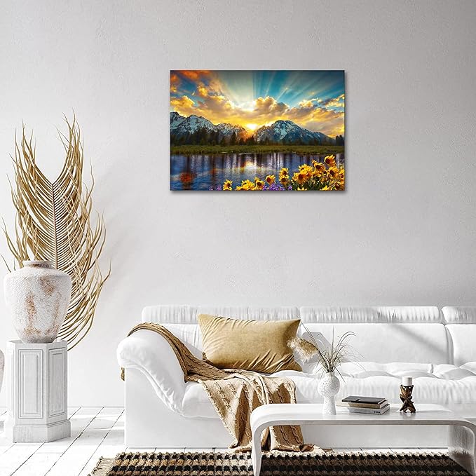 SKASNFAI Grand Teton National Park Wall Art Sunflower Landscape Canvas Mountain Artwork Landscape Print for Living Room Framed (28x44 inch)