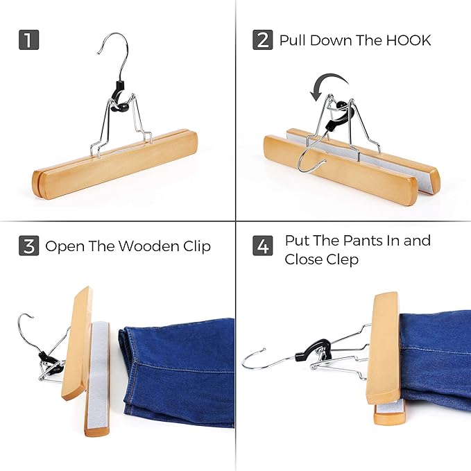 SONGMICS 12 Pack Wooden Pants Hangers, Premium Solid Wood with Non-Slip Felt, Hold Pants Tightly, Smooth Finish Wood Skirt Hangers, with 360° Swivel Hook, Natural UCRW007-12