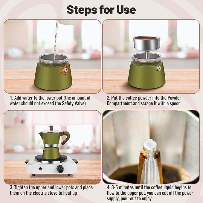 6 Cup Aluminum Moka Pot Classic Stovetop Espresso Coffee Maker 300ml 10oz Coffeemaker Percolator Mocha Pot Greca Coffee Maker Cafe Makers for Italian and Cuban Café Brewing Green