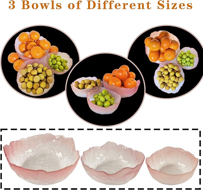 Glass Salad Bowls Set 3 Irregular Shaped Mixing Bowls Ideal for Kitchen Prep of Fruit, Pasta, Popcorn & Snacks - Stylish and Functional Tableware Essential (Pink)