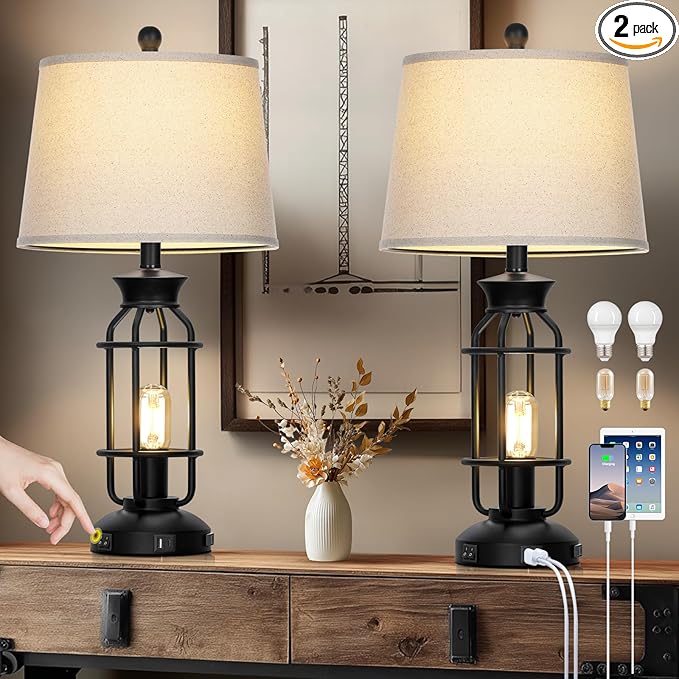 28" Vintage Table Lamps with USB C+A Ports & AC Outlet, Industrial Farmhouse Table Lamp Set of 2, Black Modern Nightstand Beside Lamps with 2 Night Light for Living Room Bedroom(4 LED Bulbs Included)