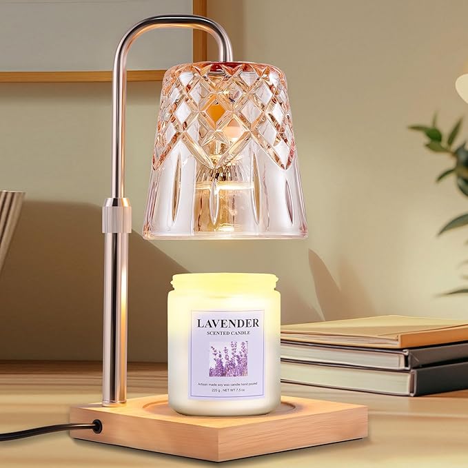 Candle Warming Lamp with Timer Dimmer, Adjustable Height Electric Wax Melt Warmer for Jar Candles with 3 Bulbs, Mother's Day Women's Home Decor Gift, Square Base with Champagne Color Pole